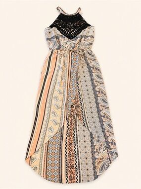 Boho Crochet Halter Maxi Dress in Black and Peach